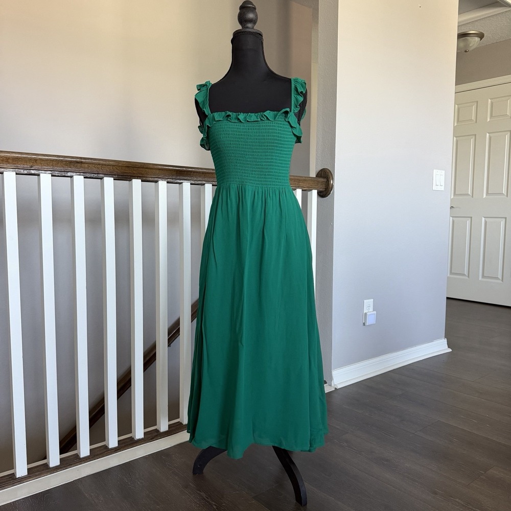 Reformation Green Serpentine Siesta Smocked Ruffle Square Neck Midi Dress Medium